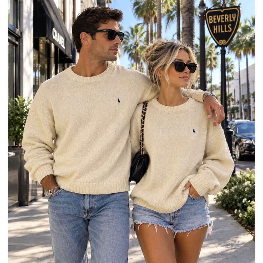 Y2K VTG Polo Ralph Lauren Crewneck Sweater Men's L Yellow Navy Pony Hong Kong
